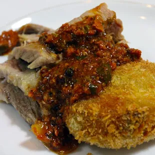 Slow Roasted Shinsato Farms Pork, Big Island Potato Croquette &amp; Chorizo Sauce