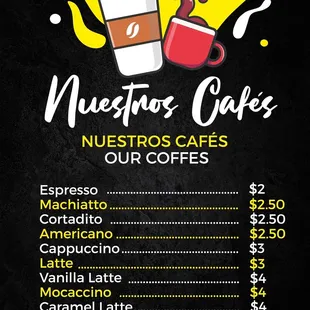 a menu for nuestros cafe