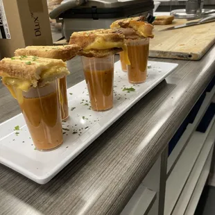 Tomato Bisque Shooter with Grilled Cheese Sandwich Bite
