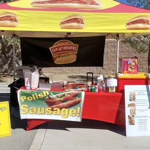 We are not a food truck. We serve Vienna beef hotdogs and polish under a 10x10 canopy tent. We do catering, street vending, special events