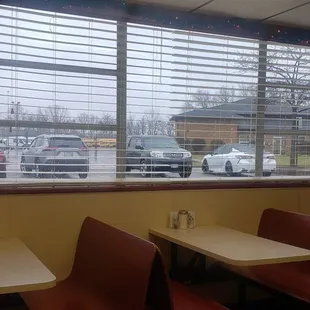 a view of a parking lot through a window