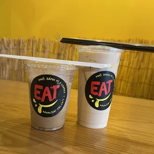 Vietnamese coffee on the left, Jasmine milk tea on the right.