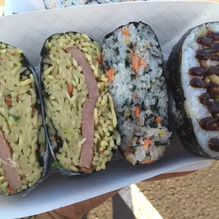 Musukawas sampler tray. They were out of katsu, so I substituted a fried saimin musubi. So good!