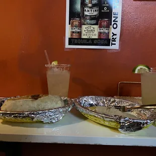 Chicken burrito, carne asada empanada, margaritas