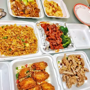 Beef chow fun, honey walnuts prawns, fried rice, orange beef, chicken wings and salt and pepper porkchop
