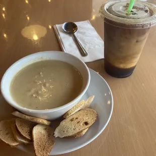 Cheese soup and an iced lavender latte