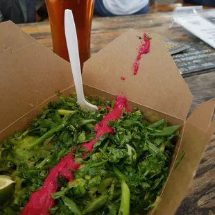 Green machine with a stripe of beet sauce, because baby likes it hot.
