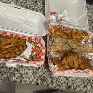 Fish and Wings combo with an extra side of fries.