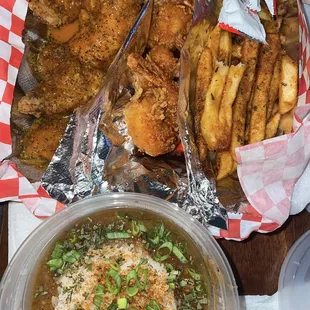Shrimp, wings fries, red beans &amp; rice