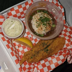 Fried fish and red beans and rice.