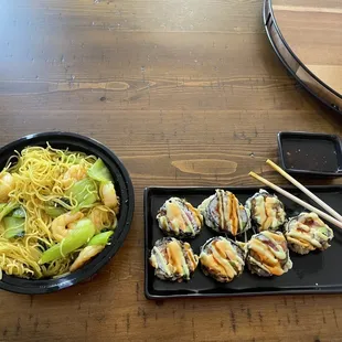 Singapore noodles with shrimp &amp; voodoo roll