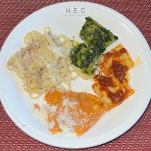 Fettuccine Chicken Alfredo (left), Square Ravioli (bottom), 4 Cheese Ravioli (right), and Halfmoon Ravioli (top)