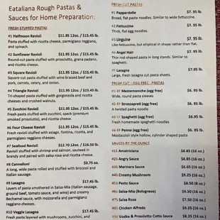 Take home pasta menu