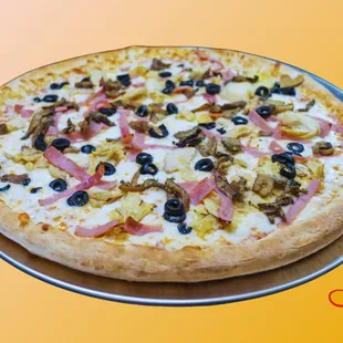 Four Season Pizza (Quattro Stagioni): Homemade pizza sauce, Fresh shredded Mozzarella cheese, Artichoke, Mushroom, Black Olive &amp; Ham