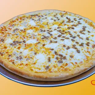 Lasagna pizza:
Homemade pizza sauce, Fresh shredded Mozzarella cheese, Homemade Ground Beef, Ricotta cheese.