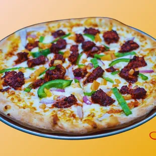 Tandoori Chicken Pizza: Fresh shredded mozzarella cheese, Homemade curry sauce, house-marinated Tandoori Chicken, Red onion, green pepper, C