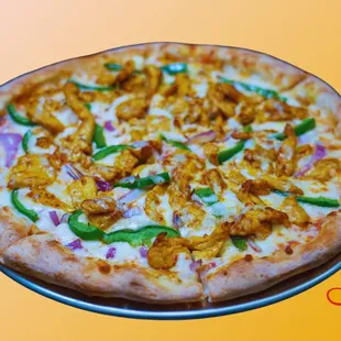Mediterranean Pizza (Shawarma): Homemade curry sauce, Fresh shredded mozzarella cheese, house marinade Chicken Shawarma, Green pepper, red o