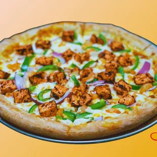 Tandoori Paneer Tikka Pizza: Fresh shredded mozzarella cheese, Homemade curry sauce, house-marinated Tandoori Paneer, Red onion, green peppe