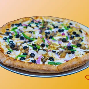 Veggie Pizza: Homemade pizza sauce, Fresh shredded mozzarella cheese, Kalamata olive, green peppers, Mushroom, Red onion, Artichoke