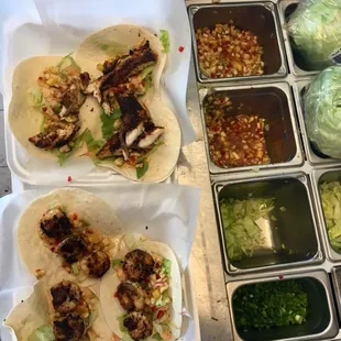 Blackened Red Fish Tacos with Pineapple Salsa.  Shrimp Tacos with Pineapple Salsa