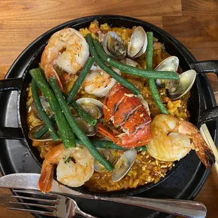 Plantation Style Paella Rice Stew Lobster, Portuguese Sausage, Chorizo, Shrimp, Clams