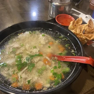 Chicken soup and crab Rangoon.