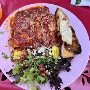 Homemade lasagna and garlic bread