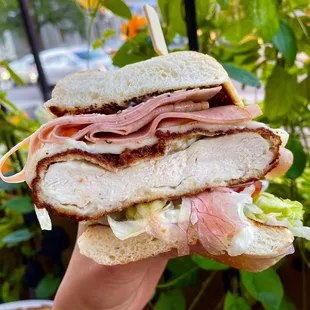 Mortadella &amp; fried chicken sandwich