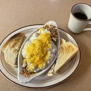 The Sunrise Special with sourdough toast and a cup of coffee.