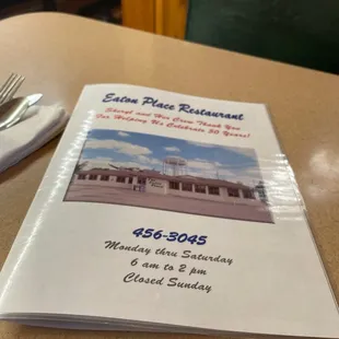 The menu at Eaton Place Restaurant.