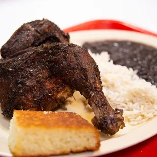 a plate of food on a red tray