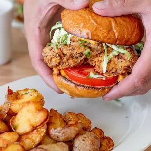 a person holding a sandwich over a plate of potatoes