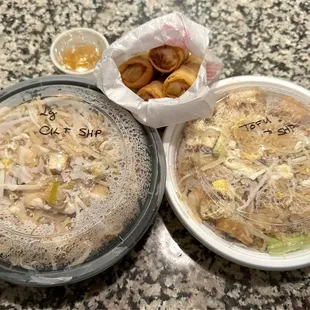 Large Chicken and Shrimp Mild Pad Thai, Regular Shrimp &amp; Tofu Mild-Medium Pad Thai, Vegetable Spring Rolls