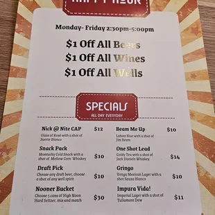 Happy Hour menu and Specials