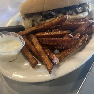 Philly Cheese with sweet potato fries