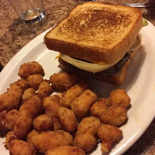 Cheese curds ho-hum, patty melt had too large  and not properly fried onions