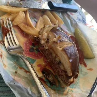 My wife's burger .  Cooked rare like she likes it!