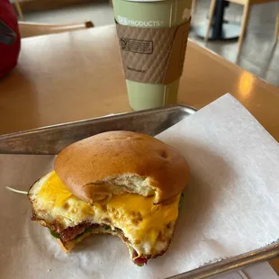 Gluten free bacon sandwich and a latte. It actually came with two eggs but just opted for one. It's just a perfect size.