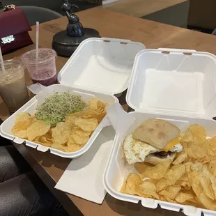 The bec sandwich, avocado toast, iced coffee, and purple power smoothie