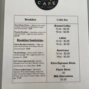 breakfast menu and prices