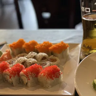 Beauty on the beach roll, spicy tuna roll and golden California roll