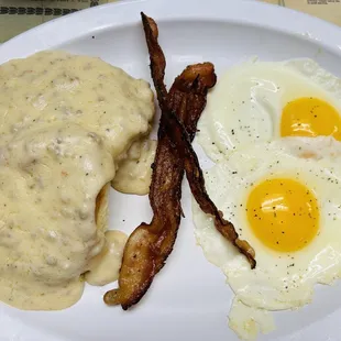 two eggs and bacon on a plate