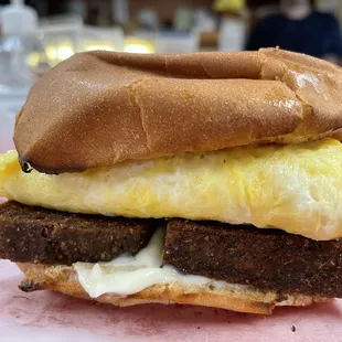 Liver mush egg and cheese on toasted bun