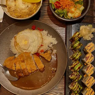 Pork Curry and Caterpillar Roll and spicy tuna roll and chicken Katsu Don D