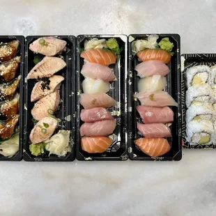 Unagi Nigiri, Seared Salmon Nigiri, 2 Omakase Sets, and a California Roll