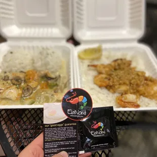 Chicken a la King (left) and EbiKahuku (Garlic Shrimps) (right)