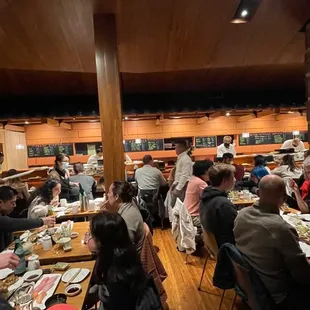 a large group of people eating at a restaurant
