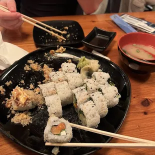 Japanese bagel, roll, crunch roll, and veggie roll