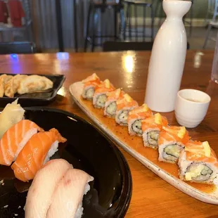 Yellow tail nigiri, salmon nigiri, Orange Sunrise specialty roll