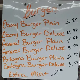 a menu for burgers